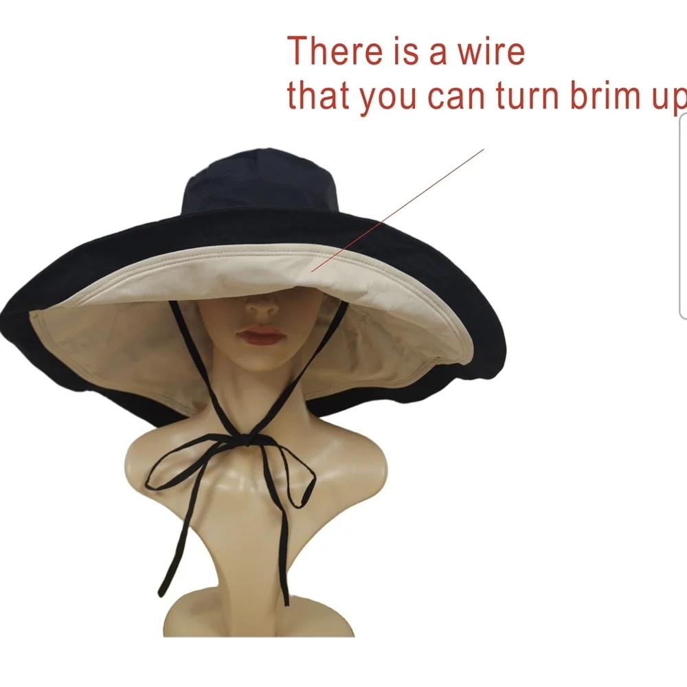 NWOT Foldable Women's Black And Cream Wide-Brim Reversable Sun Hat - Picture 5 of 5